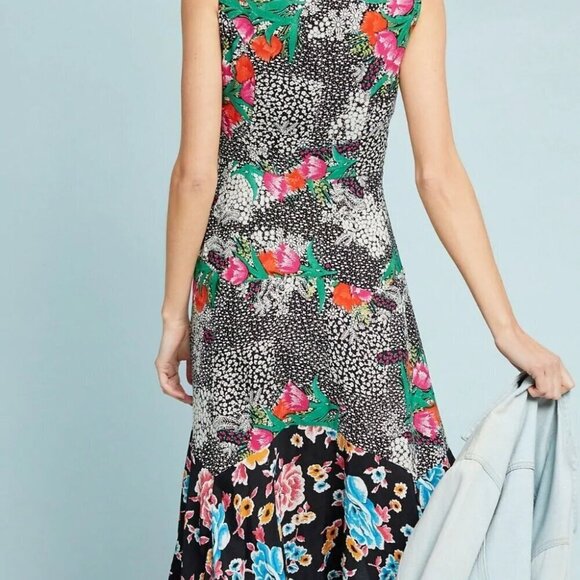 Anthropologie Midi Dress 2 Sleeveless Floral A-Line V-Neck Asymmetric Hem Spring - Picture 9 of 12